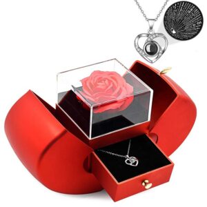 Valentines Soap Rose Gift Box apple Shape Rose Jewelry Box with 100 Languages I love You Necklace for Mother's Day