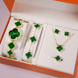 Luxury 5PCS Watch Gift Box Set Valentine's Day Women's Quartz Watches Fashionable Leaf Watch and Jewelry Set for Ladies