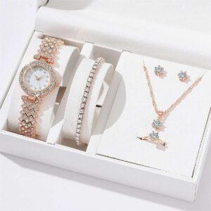 Crystal Bracelet Diamond Earring Necklace Jewelry Set Women Quartz Watches Set for Ladies