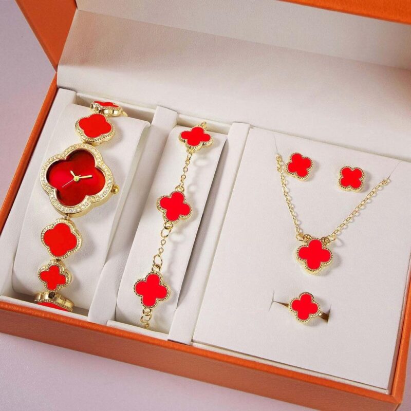 Luxury 5PCS Watch Gift Box Set Valentine's Day Women's Quartz Watches Fashionable Leaf Watch and Jewelry Set for Ladies - Image 5