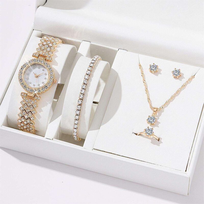 Crystal Bracelet Diamond Earring Necklace Jewelry Set Women Quartz Watches Set for Ladies - Image 4