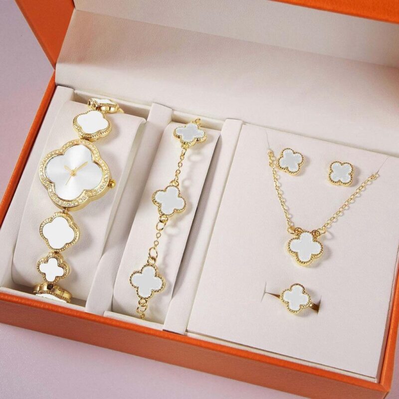 Luxury 5PCS Watch Gift Box Set Valentine's Day Women's Quartz Watches Fashionable Leaf Watch and Jewelry Set for Ladies - Image 3